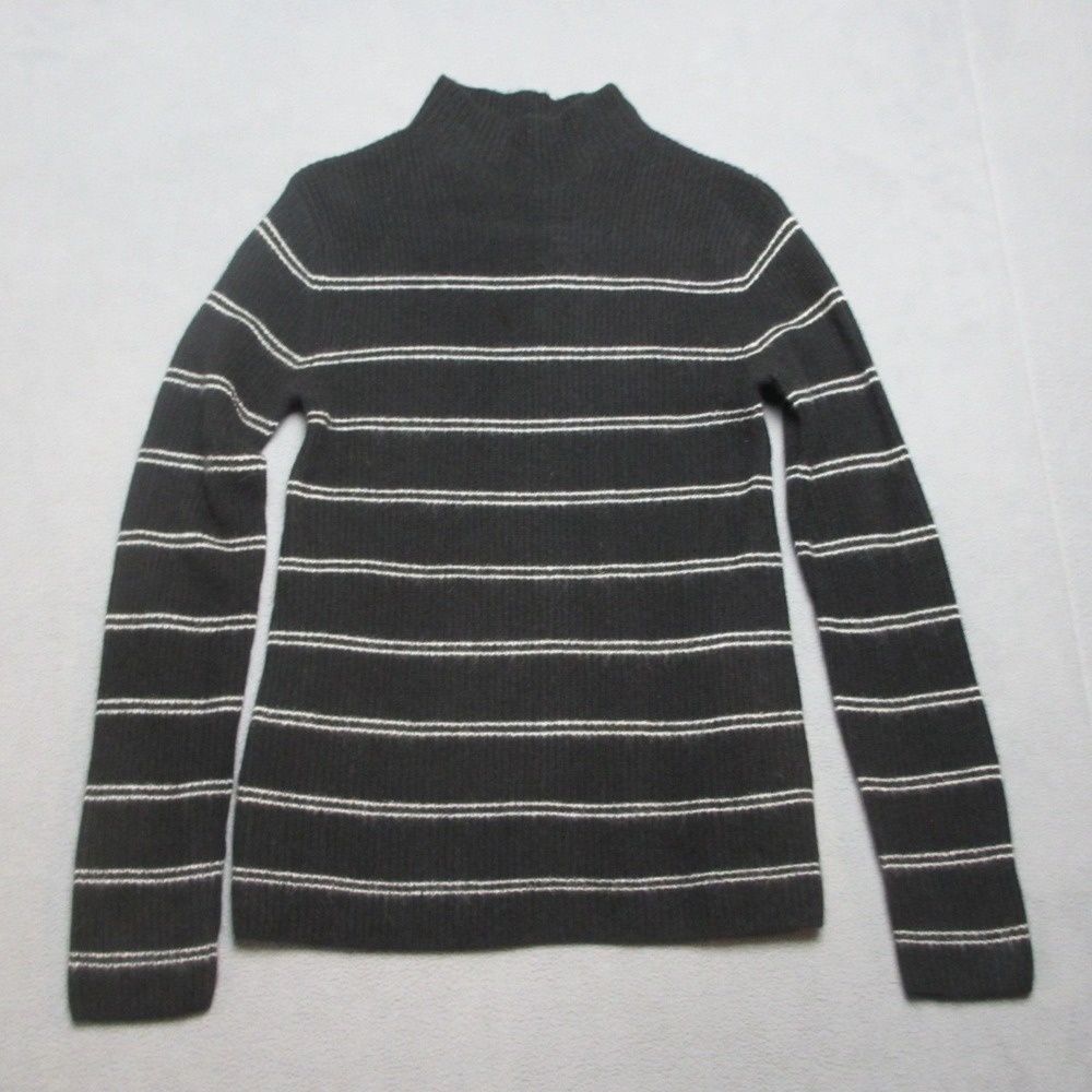 Magaschoni Sweater Womens Small Black White Striped Cashmere Rib Knit Mock Neck
